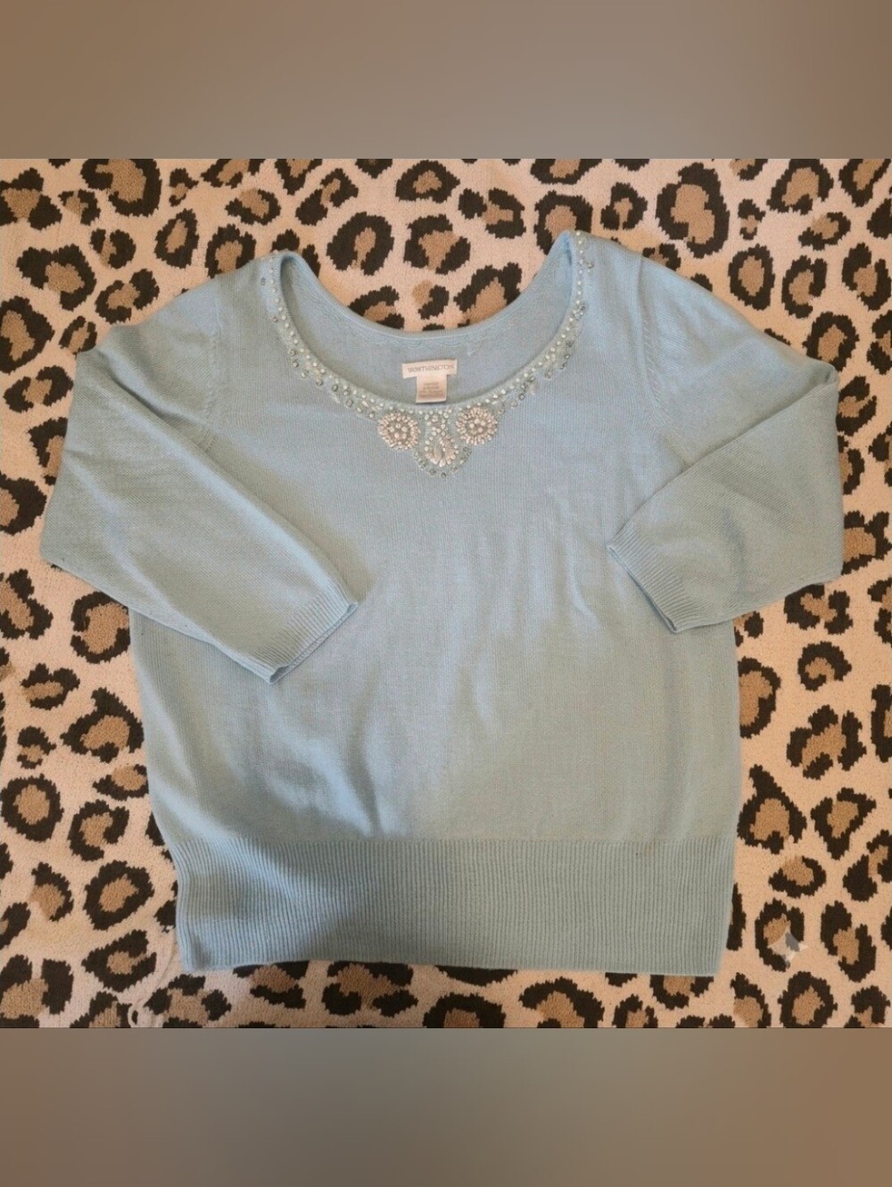 Pearls Rhinestone Collared Powder Blue Scoop Neck Sweater 3/4 Sleeves L